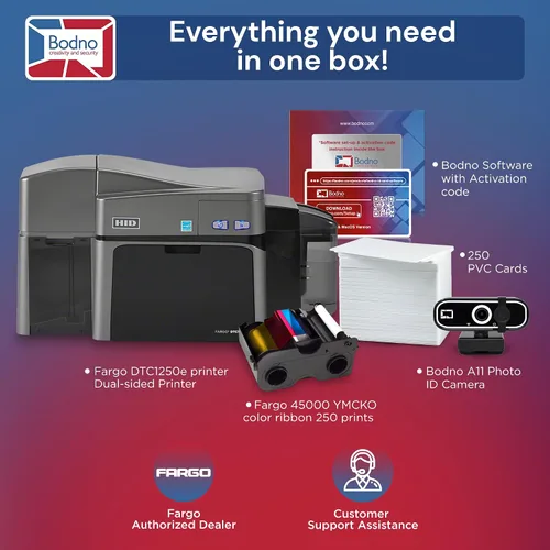 Vista 2 de Bodno Fargo DTC1250e Impresora de tarjetas de identificación de doble cara y paquete completo de suministros con software Bronze Edition