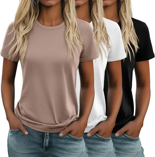 Vista 11 de Huukeay Paquete de 3 camisetas de algodón para mujer, estilo casual, de manga corta, cuello redondo, ajuste holgado, básica, lisa