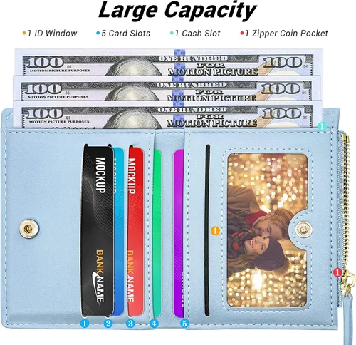 Vista 2 de YINHEXI Cartera con bloqueo RFID para mujer, pequeña, elegante y plegable para tarjetas para niñas, Azul bebé, Twee