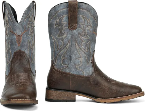 Vista 4 de Cowboy Boots for Men Square Toe Western Boots Retro Classic Embroidered Pull On Boot Azul-marrón bruñido