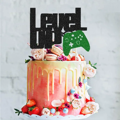 Vista 7 de Level Up - Decoración para tartas con purpurina negra y verde para fiesta de videojuegos, controlador de videojuegos, fanáticos de juegos, temática