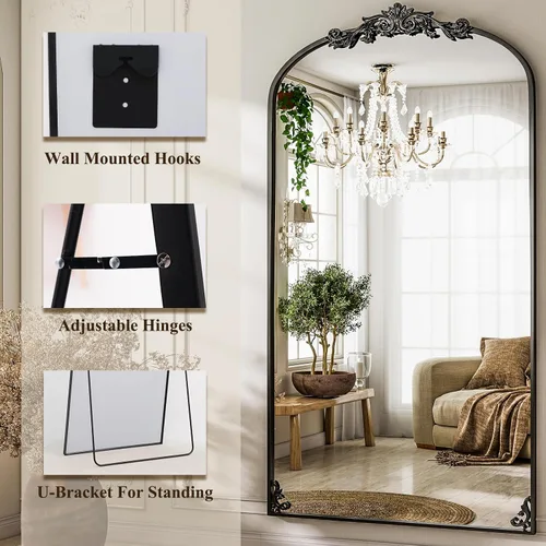Vista 5 de GLSLAND Espejo Vintage - 72" x 44" Espejo de Cuerpo Completo Grande Tallado Arqueado con Marco de Metal Barroco Espejos de Cuerpo Completo para Negro