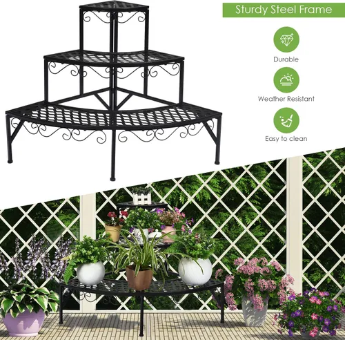 Vista 6 de Giantex Soporte esquinero de metal de 3 niveles, estante esquinero redondo para plantas con almohadillas antideslizantes, estante esquinero