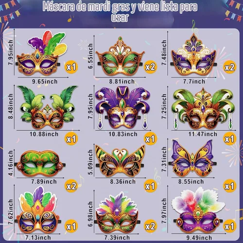 Vista 4 de Juego de 16 máscaras de Mardi Gras a granel: decoraciones para fiestas, recuerdos de carnaval (fieltro)