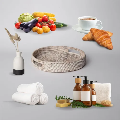 Vista 6 de Bandeja redonda de ratán de 12 pulgadas, moderna bandeja tejida con asas para mesa de comedor, sala de estar, decoración de patio, elegante bandeja