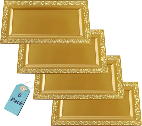 Vista 10 de Bandeja de Servir de Plástico Transparente (Paquete de 4) Bandejas y Platos Desechables Transparentes con Borde Dorado para Servir Alimentos