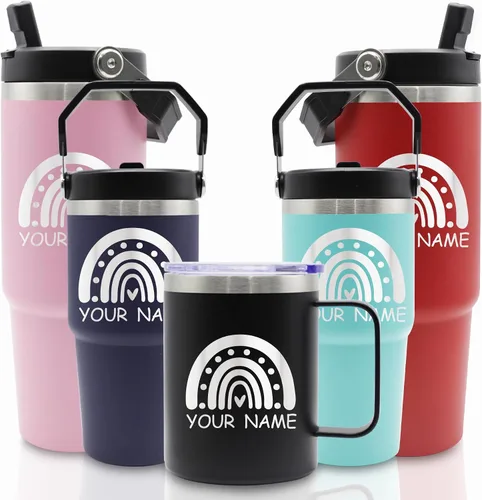 Vista 16 de Vasos de acero inoxidable grabados personalizados con nombres, tazas aisladas personalizadas con asa, taza de café de viaje, regalos para ella/él