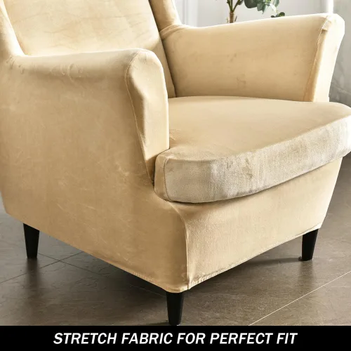 Vista 4 de Fundas elásticas para silla de ala, 2 piezas, fundas elásticas de terciopelo suave con parte inferior elástica para sala de estar y dormitorio Beige