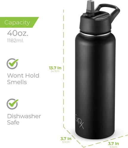 Vista 118 de SIPX™ Botella de Agua Aislada de 18 oz con 3 Tapas – Acero Inoxidable a Prueba de Fugas, Triple Aislamiento – Frío 24 Horas/Caliente 12 Horas – Negro