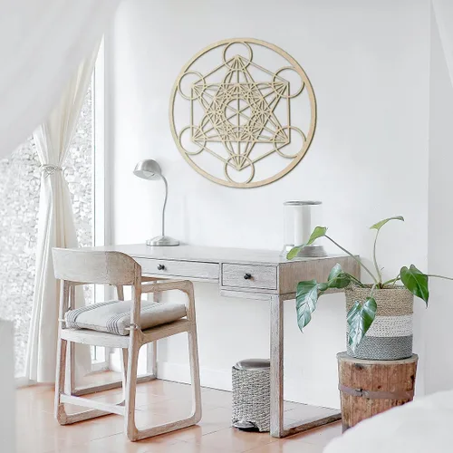 Vista 4 de Cubo de Metatron MFG de cuarto nivel de 33 pulgadas, arte de pared de madera de geometría sagrada, símbolo de armonía, decoración zen para el hogar