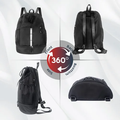 Vista 7 de Mochila deportiva con cordón Bolsas de malla para playa y gimnasio para hombres y hombres con compartimento para zapatos, ligera, Negro -, 30 L