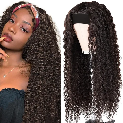 Vista 38 de Peluca de cabello humano con diadema de ondas profundas, sin pegamento, pelucas de cabello rizado sin encaje frontal, pelucas de cabello humano