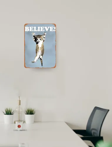 Vista 3 de Cartel de metal Believe Cat, Hang in There Cat – Cartel motivacional divertido perfecto para el hogar u oficina, 12 x 8 pulgadas
