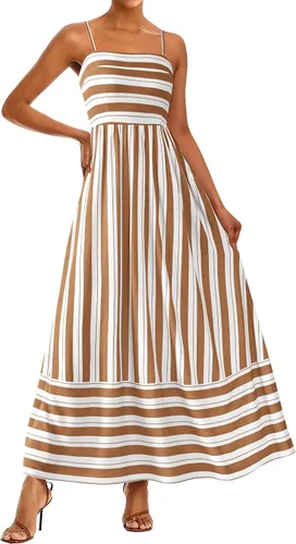 Vista 20 de PRETTYGARDEN Vestido largo de verano para mujer, con tirantes delgados, bohemio, floral, a rayas, para invitadas de boda, playa, vacaciones, vestido