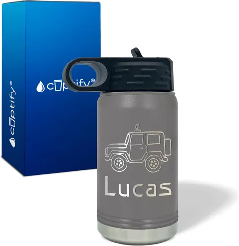 Vista 40 de Botella de agua para niños personalizada con nombre en botella de agua aislada con anillo verde mate de 12 onzas