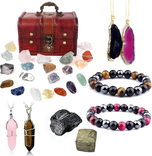 Vista 15 de Juego de 14 piedras de cristal curativo para chakras, con caja de madera de regalo para principiantes, meditación, reiki, yoga, colección