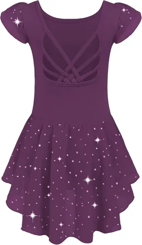 Vista 8 de Arshiner - Malla de ballet con mangas de volantes brillantes y falda con espalda cruzada para niñas Floral rosa aguamarina