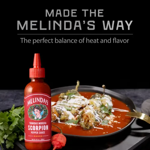 Vista 7 de Salsa picante de pimienta Escorpión de Melinda's - Salsa picante gourmet de Escorpión - Hecha con pimienta Trinidad Moruga, zanahorias, cebolla