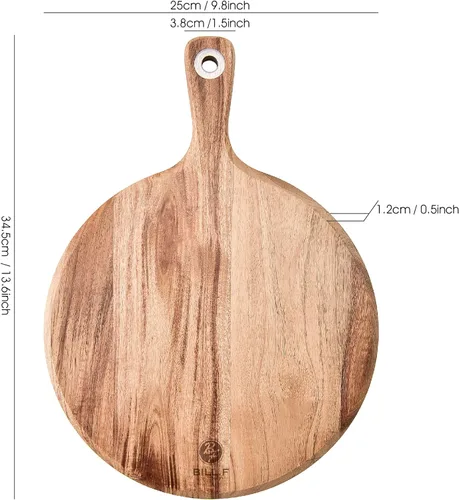 Vista 3 de BILL.F Pala para Pizza de Madera de Acacia, Tabla de Cortar de 10", Tabla de Paddle para Queso, Bandeja de Pan y Galletas para Servir y Preparación