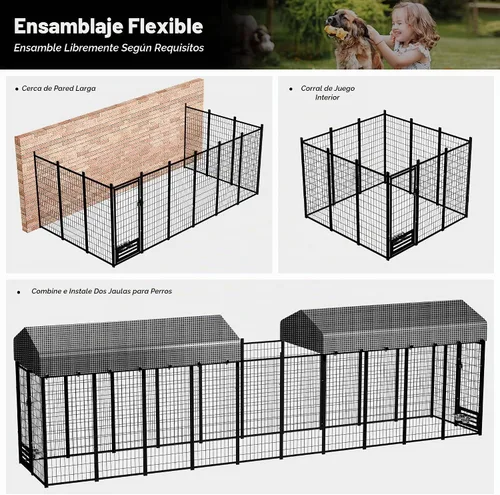 Vista 2 de Perrera grande para perros con techo, recinto resistente para perros para interiores y exteriores con funda extraíble, corralitos para perros