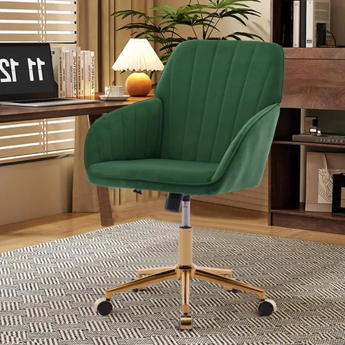 Vista 15 de Silla de oficina en casa de terciopelo con base dorada, cómoda y moderna silla de escritorio, silla giratoria ajustable para sala de estar