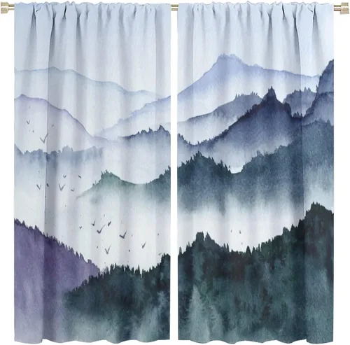 Vista 10 de BAEKJIN Cortinas verdes de bosque brumoso, acuarela, naturaleza, paisaje, plantas, árbol, bolsillo para barra, opacas, tratamiento de ventana