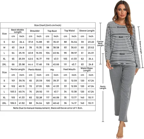 Vista 6 de Pijamas de algodón para mujer, ropa de dormir de manga larga con pantalones, suave y cómoda a rayas, conjunto de pijama para mujer
