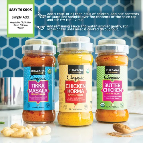 Vista 5 de Khazana Salsa a fuego lento de pollo con mantequilla orgánica, tarro de 12.7 onzas, sin OMG, vegano, sin gluten, kosher, auténticas comidas indias