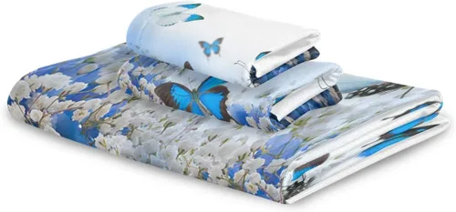 Vista 2 de MOYYO Juego de toallas de baño de 3 piezas, suaves y altamente absorbentes, toallas de baño de hortensias azules, toallas de mariposa con estampado