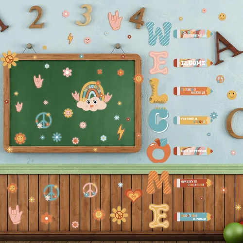 Vista 5 de Cholemy 9 hojas retro de bienvenida para ventana, tablón de anuncios, calcomanías de bienvenida para puerta de bienvenida, diseño de arco iris
