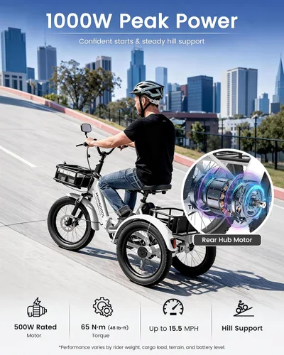 Vista 6 de MOONCOOL Triciclo eléctrico para adultos, 500 W/750 W 48 V, triciclo eléctrico plegable de potencia máxima 1100 W, neumático grueso de 20 x 3.0