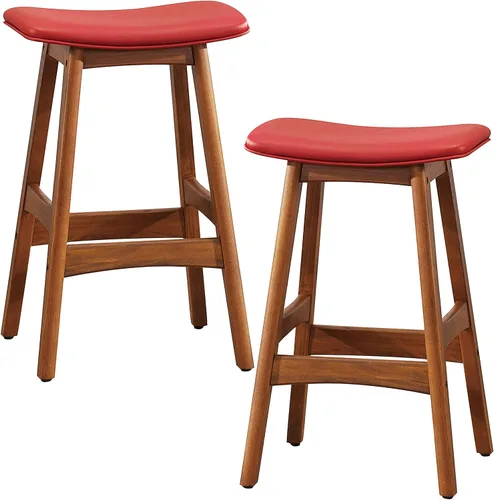 Vista 7 de Homelegance Mid-Century Taburete de altura de mostrador, juego de 2, marco de madera maciza, asiento tapizado de piel sintética, reposapiés, isla