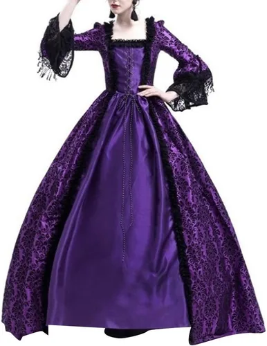 Vista 7 de Ladies Halloween Lace Panel Big Bell Sleeve Medieval Court Retro Cosplay Performance Costume Dress