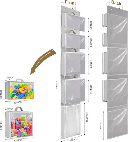 Vista 2 de Woodoulogy Almacenamiento de juguetes colgantes sobre la puerta, organizador de animales de peluche en bloques con 4 bolsas de estuche extraíbles