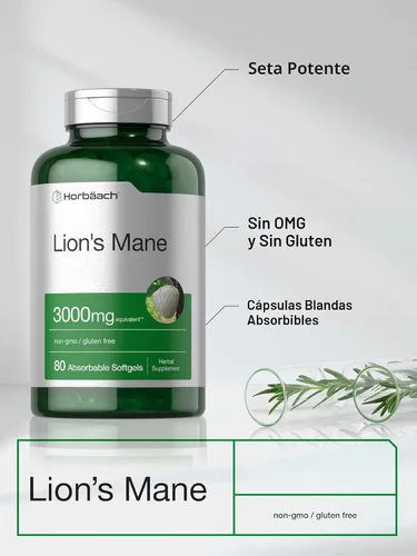 Vista 4 de Horbäach Suplemento de melena de león 3000 mg 80 cápsulas blandas absorbentes Extracto sin OMG y sin gluten