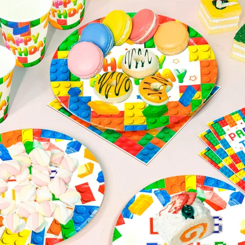 Vista 5 de Bloques de construcción, suministros para fiesta de cumpleaños, 10 invitados, bloques de construcción, bloques de construcción, platos de fiesta