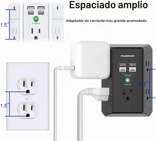 Vista 6 de POWERIVER - Extensor de sobretensiones multitoma de corriente con 5 salidas de CA y 4 puertos USB (2 USB C), 1,680 julios, divisor de salida