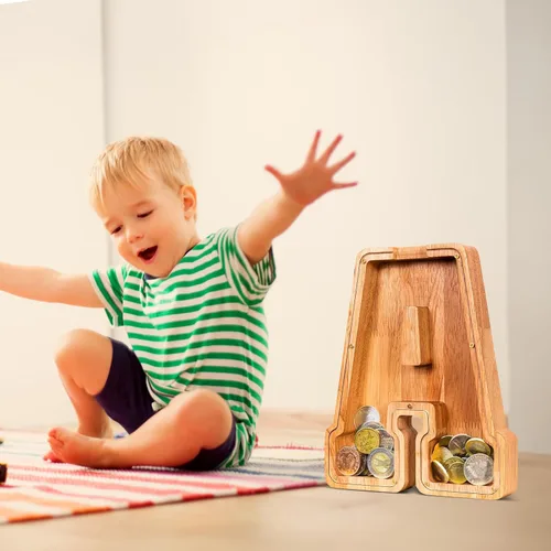 Vista 5 de SummiDate Alcancía de madera de letra para niños y niñas, Alfabeto, personalizada, regalo de cumpleaños y pascua para niños (A)