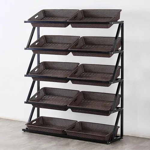 Vista 9 de Shelves 4/5 Tier Commercial Supermarket Fruit Rack Vegetable Shelf, Retail Display Rack, Large Capacity Snack Storage Basket for Pantry/Retail Nero