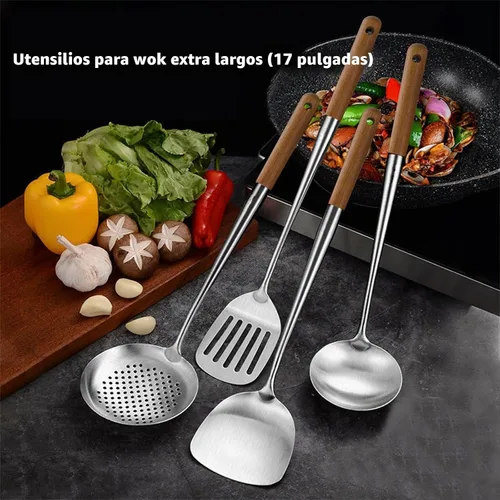 Vista 7 de Wok Utensilios para acero al carbono, espátula de wok de acero inoxidable de 17 pulgadas