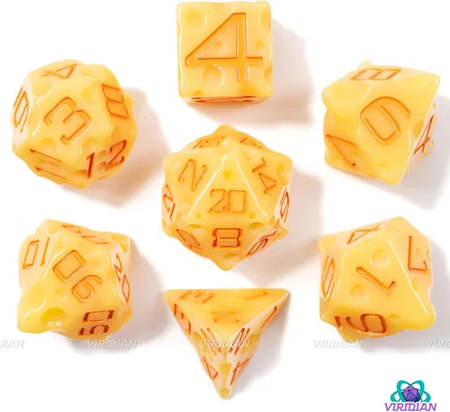 Vista 6 de Juego de dados de queso D&D (color amarillo claro y naranja nachos) con agujeros suizos DND/TTRPG Juego de 7 piezas de resina poliédrica