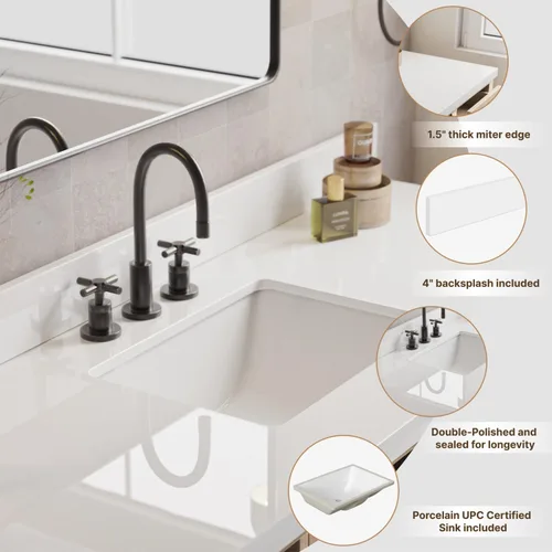 Vista 3 de DKB Isabella - Mueble de baño negro de 42 pulgadas con fregadero, lavabo rectangular, encimera de cuarzo blanco puro y protector contra salpicaduras