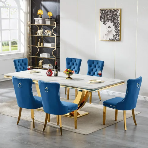 Vista 53 de Mesa de comedor blanca de 68 pulgadas para 4-6, mesa de cocina rectangular moderna con mesa de mármol sintético y base de acero inoxidable plateado