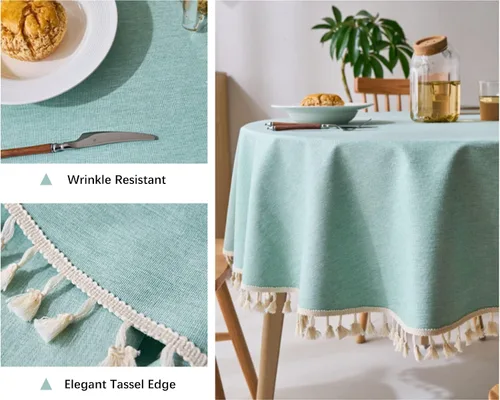 Vista 3 de Dimatic Mantel redondo con textura de lino con borla, impermeable, a prueba de derrames, para decoración de mesa de cocina, comedor, verde, redondo