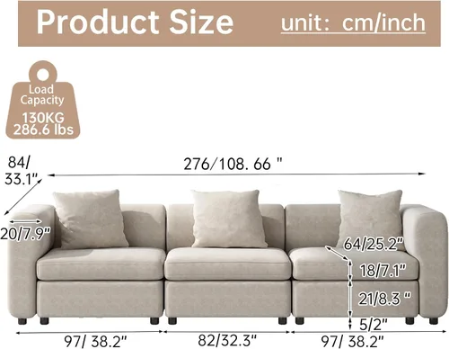 Vista 2 de Sofá modular modular de 3 plazas, terciopelo moderno con funda de cojín extraíble y lavable para espacios pequeños, marco de madera maciza, 108.66
