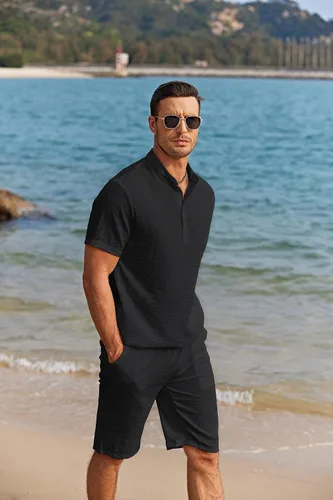Vista 7 de COOFANDY Conjunto de 2 piezas de lino para hombre, camisas Henley casuales de manga corta, pantalones cortos de yoga para la playa, pantalones