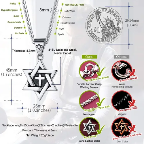 Vista 5 de FaithHeart Magen David - Collar con colgante de estrella de David de acero inoxidable, joyería judía para mujeres y hombres, el sello de Salomón