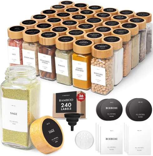 Vista 14 de FINESSY Tarros de especias de vidrio grueso con tapas herméticas y Paquete de 24 Estilo Minimalista