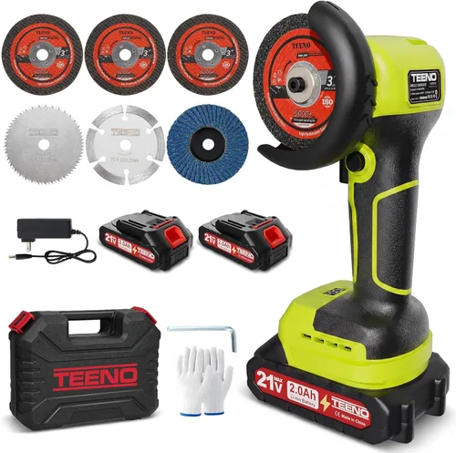 Vista 16 de TEENO Kit de amoladora angular inalámbrica, mini herramienta de amoladora de mano de 19,500 RPM con 2 baterías de 16.8 V 2000 mAh y 6 discos Gris