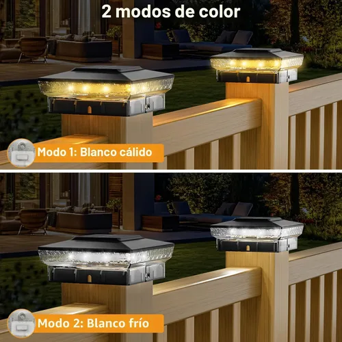 Vista 2 de btfarm Paquete de 8 luces solares para punta de poste al aire libre, 2 modos de color 16 luces LED para postes de valla se ajustan a 4x4 3.5x3.5
